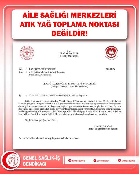 AİLE SAĞLIĞI MERKEZLERİ ATIK YAĞ TOPLAMA NOKTASI DEĞİLDİR!