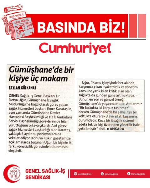 Gümüşhane’de bir kişiye üç makam... ‘İlin sağlık sistemi bir kişi üzerinden yönetilir hale getirildi’ Cumhuriyet