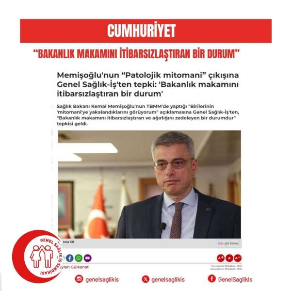 Memişoğlu'nun “Patolojik mitomani” çıkışına Genel Sağlık-İş'ten tepki: 'Bakanlık makamını itibarsızlaştıran bir durum'