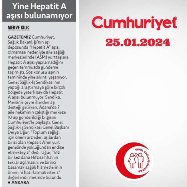 Yine Hepatit A aşısı bulunamıyor! Cumhuriyet 25.1.2024