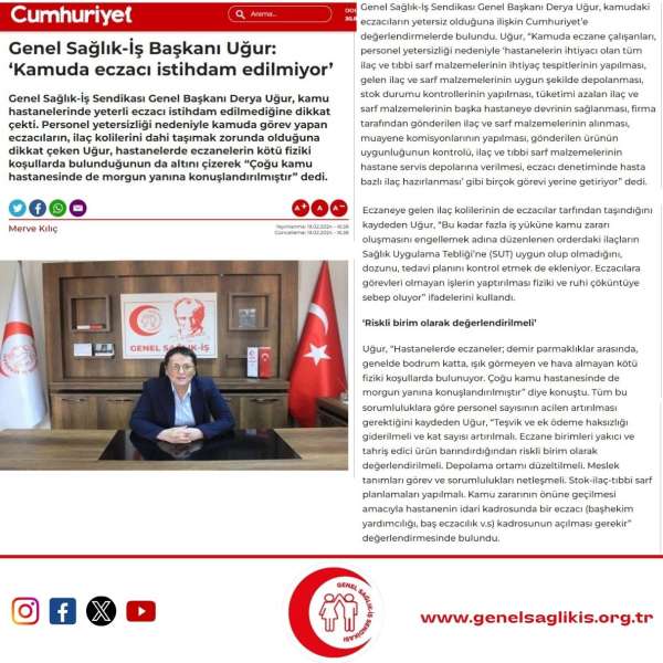 Genel Sağlık-İş Başkanı Uğur: ‘Kamuda eczacı istihdam edilmiyor’