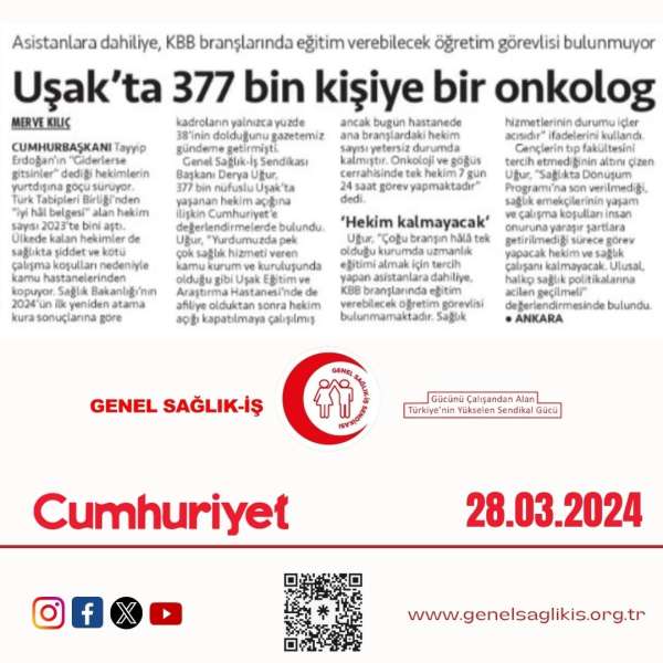 Asistanlara dahiliye, KBB branşlarında eğitim verebilecek öğretim görevlisi bulunmuyor: Uşak’ta 377 bin kişiye bir onkolog / Cumhuriyet 28.3.2024