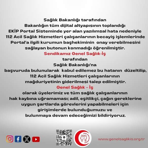 EKİP Portal Sistemindeki yazılımsal hatanın düzeltilmesi için Sağlık Bakanlığı'na başvuruda bulunduk